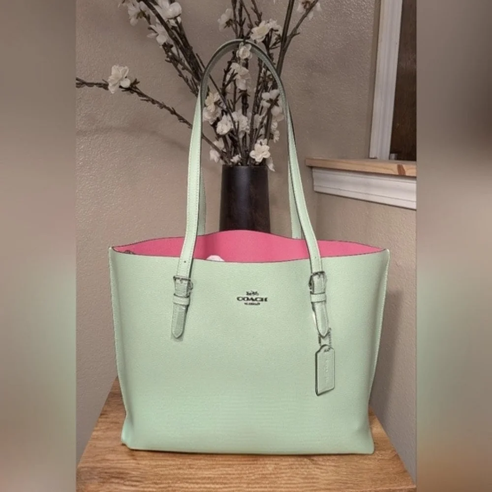 NWT! Coach Pebbled Leather Mollie (Large) Tote in PALE PISTACHIO - Picture 1 of 8